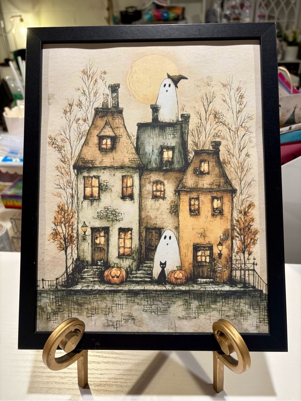 Halloween Ghost House Framed 8x10 Art Print - Orange & Cream